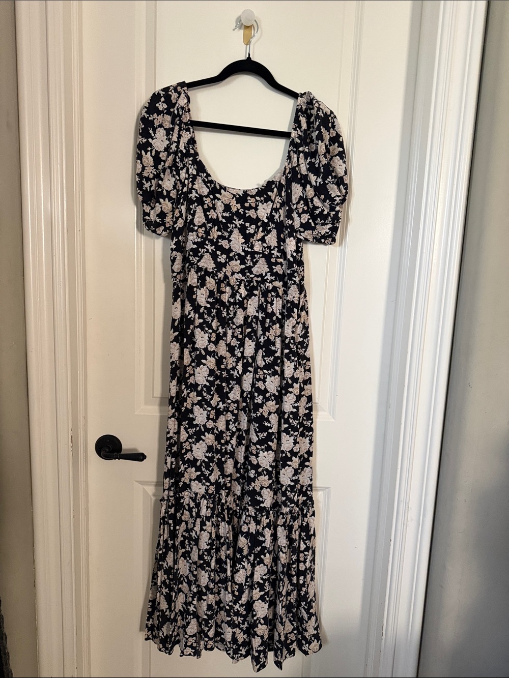 LoveShackFancy Black and Cream Floral Puff-Sleeve Maxi Dress